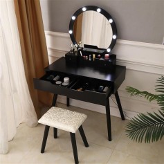 FCH Dressing Table with Single Round Mirror  with Bulb & 4 Drawers Black