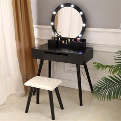 FCH Dressing Table with Single Round Mirror  with Bulb & 4 Drawers Black