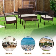 OSHION Outdoor Leisure Rattan Furniture Rattan Chair Small Four-piece Coffee Table Solid Wood Coffee Table-Brown